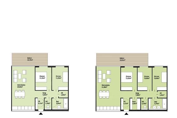 Wohnungstypen: 3-Zimmer-Wohnung (hofseitig, 69m²), 4-Zimmer-Wohnung (hofseitig, 87m²)